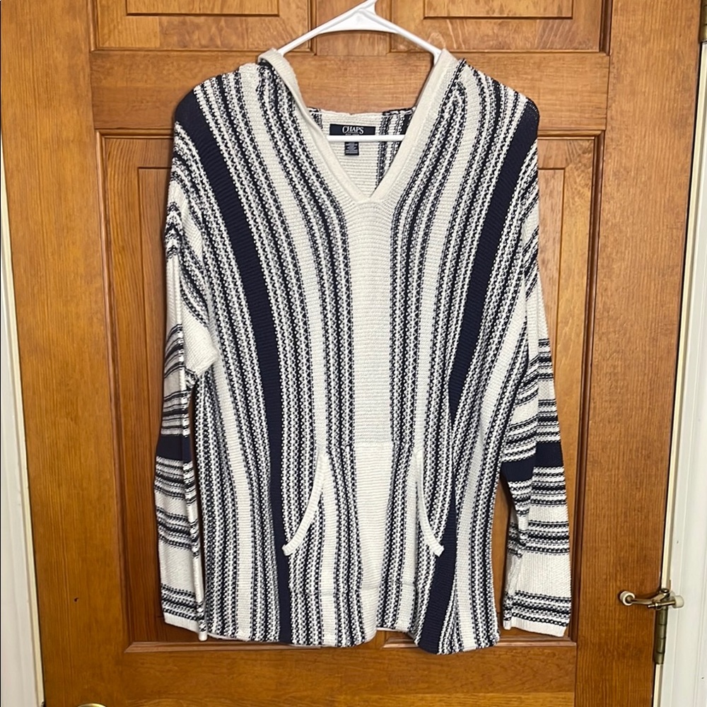 Chaps V-Neck Sweater Black and White Striped Knit